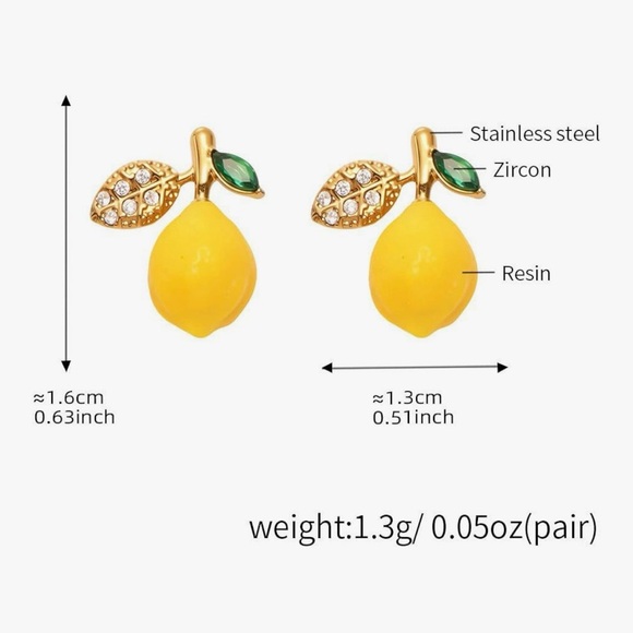 NEW 14K Gold Plated Stainless Steel Cubic Zirconia Lemon Earrings - Picture 2 of 3